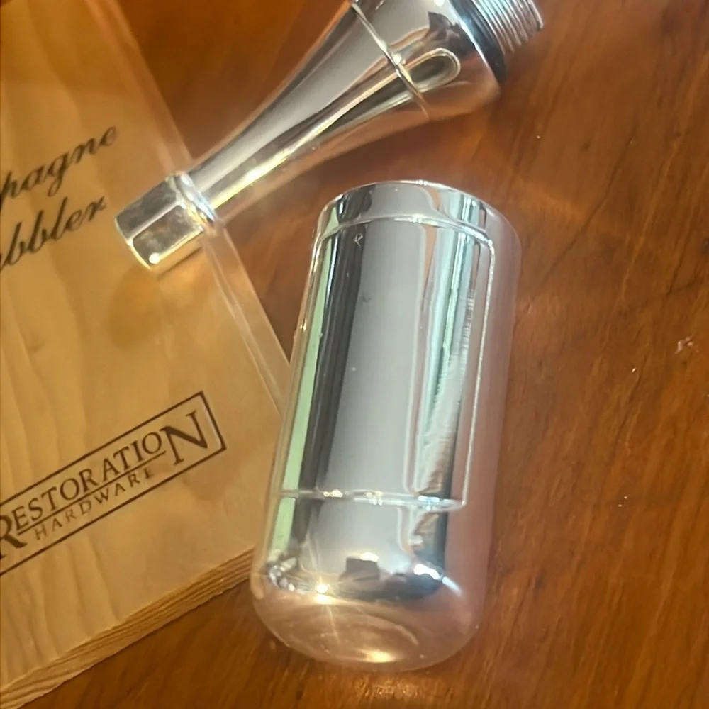 Restoration Hardware silver champagne bubbler in wooden crate-NIB-vintage 1990s